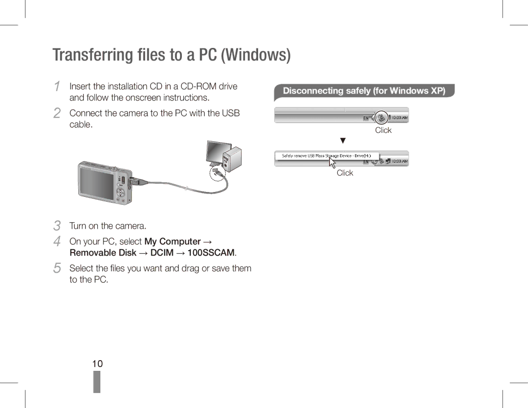 Samsung EC-ST50ZUBP/IT manual Disconnecting safely for Windows XP, Connect the camera to the PC with the USB Cable 