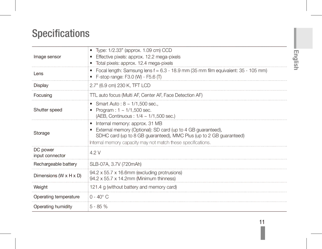 Samsung EC-ST50ZSBP/IT, EC-ST50ZUBP/FR, EC-ST50ZSBP/GB, EC-ST50ZSBP/FR, EC-ST50ZSBP/E1, EC-ST50ZRBP/FR manual Specifications 