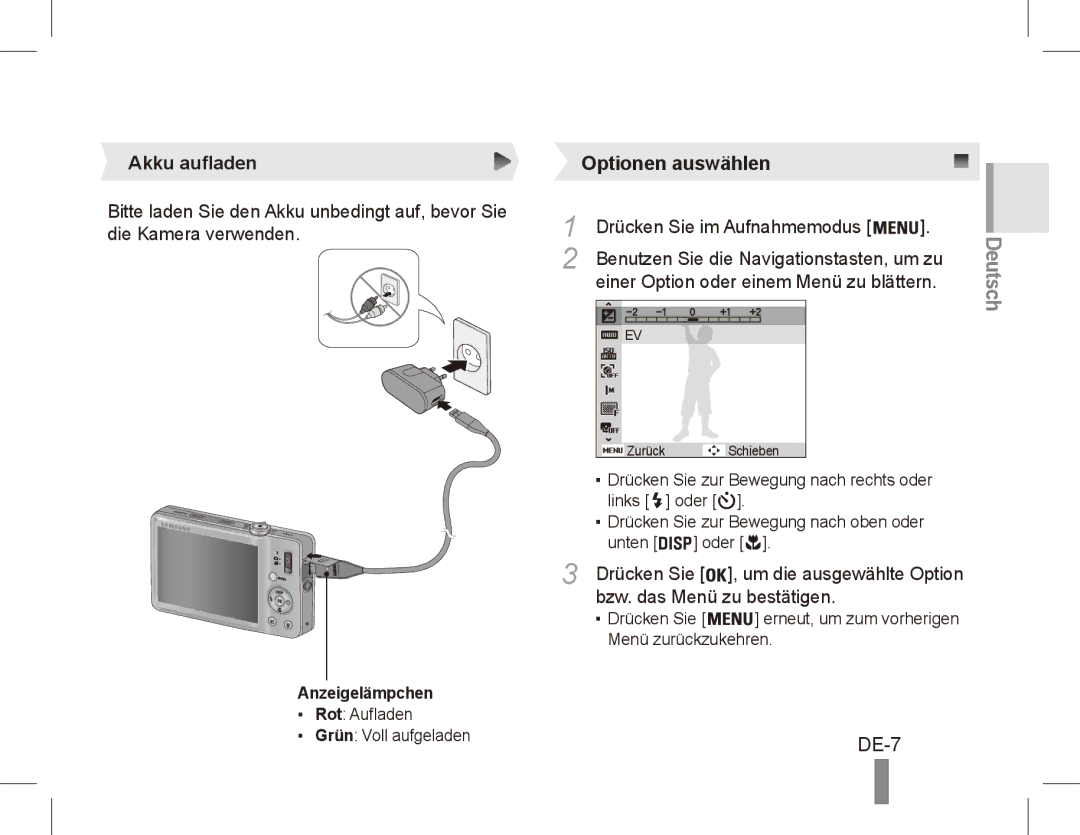 Samsung EC-ST50ZUDP/ME, EC-ST50ZUBP/FR manual DE-7, Akku aufladen, Drücken Sie im Aufnahmemodus, Bzw. das Menü zu bestätigen 