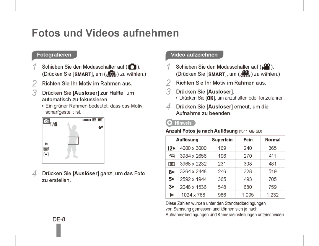 Samsung EC-ST50ZRBP/ME, EC-ST50ZUBP/FR, EC-ST50ZSBP/GB, EC-ST50ZSBP/FR Fotos und Videos aufnehmen, DE-8, Video aufzeichnen 