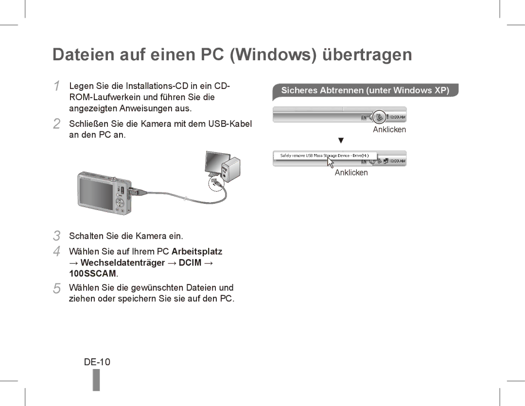 Samsung EC-ST50ZBBP/ME, EC-ST50ZUBP/FR manual Dateien auf einen PC Windows übertragen, DE-10, → Wechseldatenträger → Dcim → 