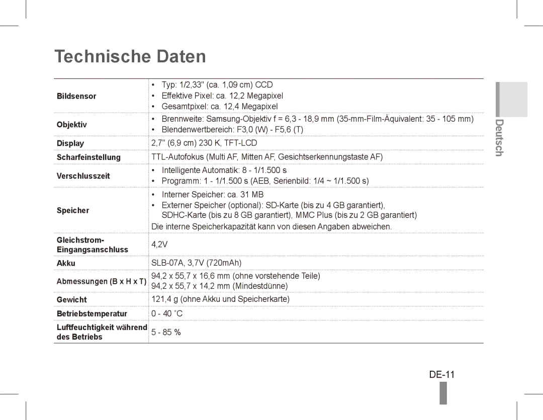 Samsung EC-ST50ZBBP/SA, EC-ST50ZUBP/FR, EC-ST50ZSBP/GB, EC-ST50ZSBP/FR, EC-ST50ZSBP/E1, EC-ST50ZRBP/FR Technische Daten, DE-11 