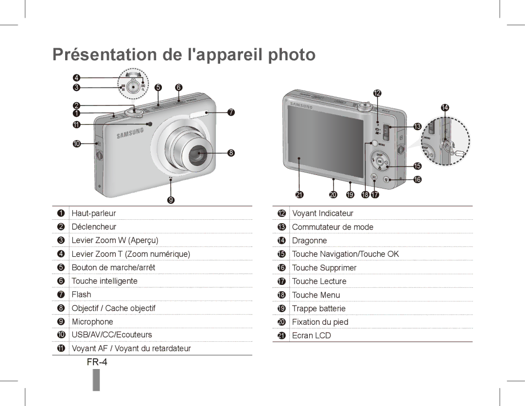 Samsung EC-ST50ZUBP/SA, EC-ST50ZUBP/FR, EC-ST50ZSBP/GB, EC-ST50ZSBP/FR, EC-ST50ZSBP/E1 Présentation de lappareil photo, FR-4 