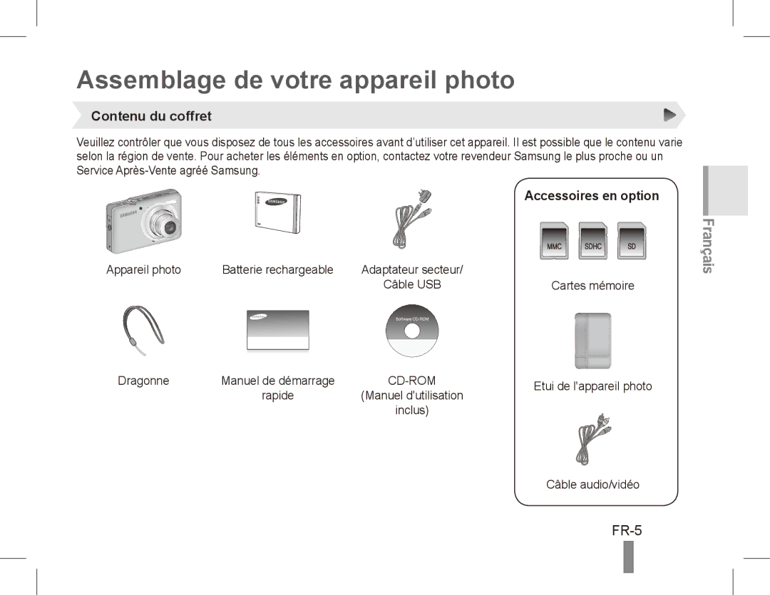 Samsung EC-ST50ZRDP/ME, EC-ST50ZUBP/FR Assemblage de votre appareil photo, FR-5, Contenu du coffret, Accessoires en option 