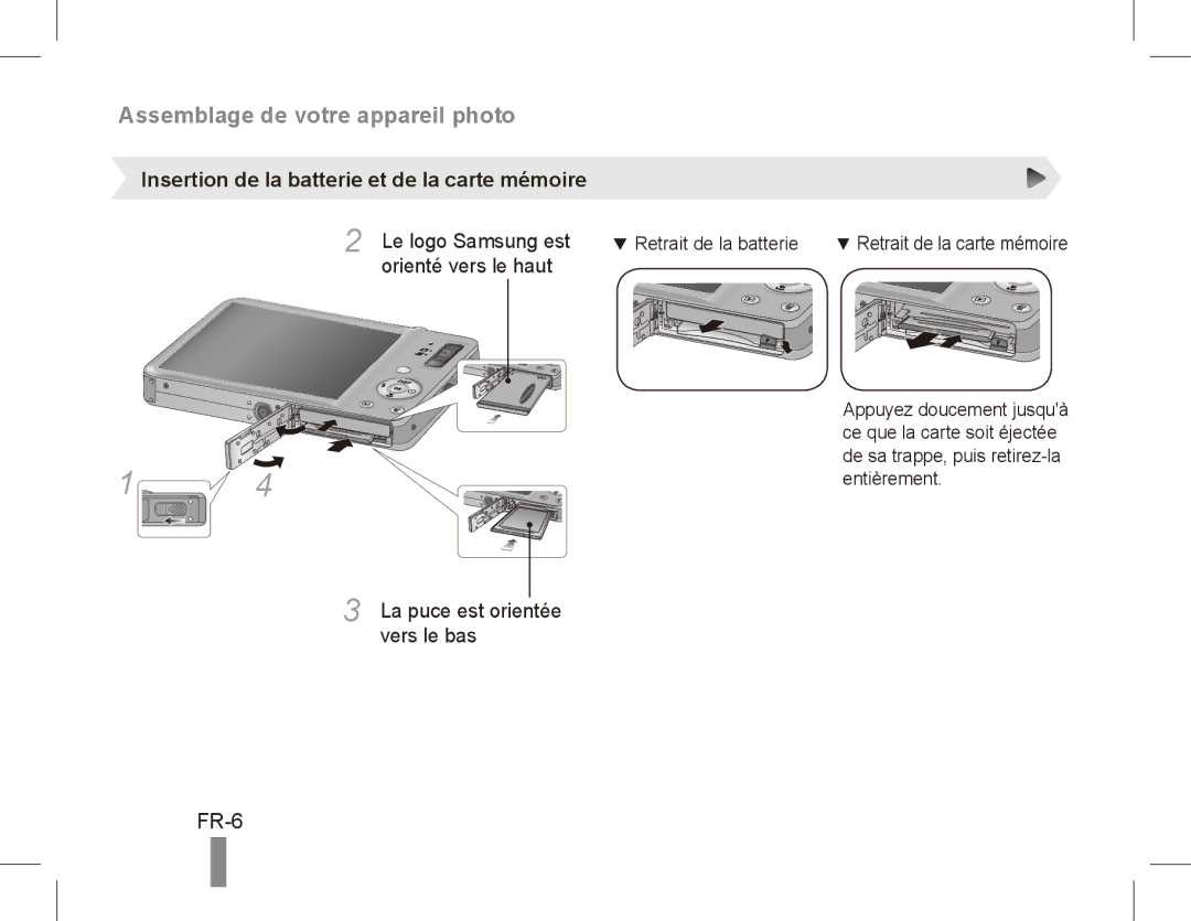 Samsung EC-ST50ZUBP/ME, EC-ST50ZUBP/FR, EC-ST50ZSBP/GB, EC-ST50ZSBP/FR FR-6, Insertion de la batterie et de la carte mémoire 