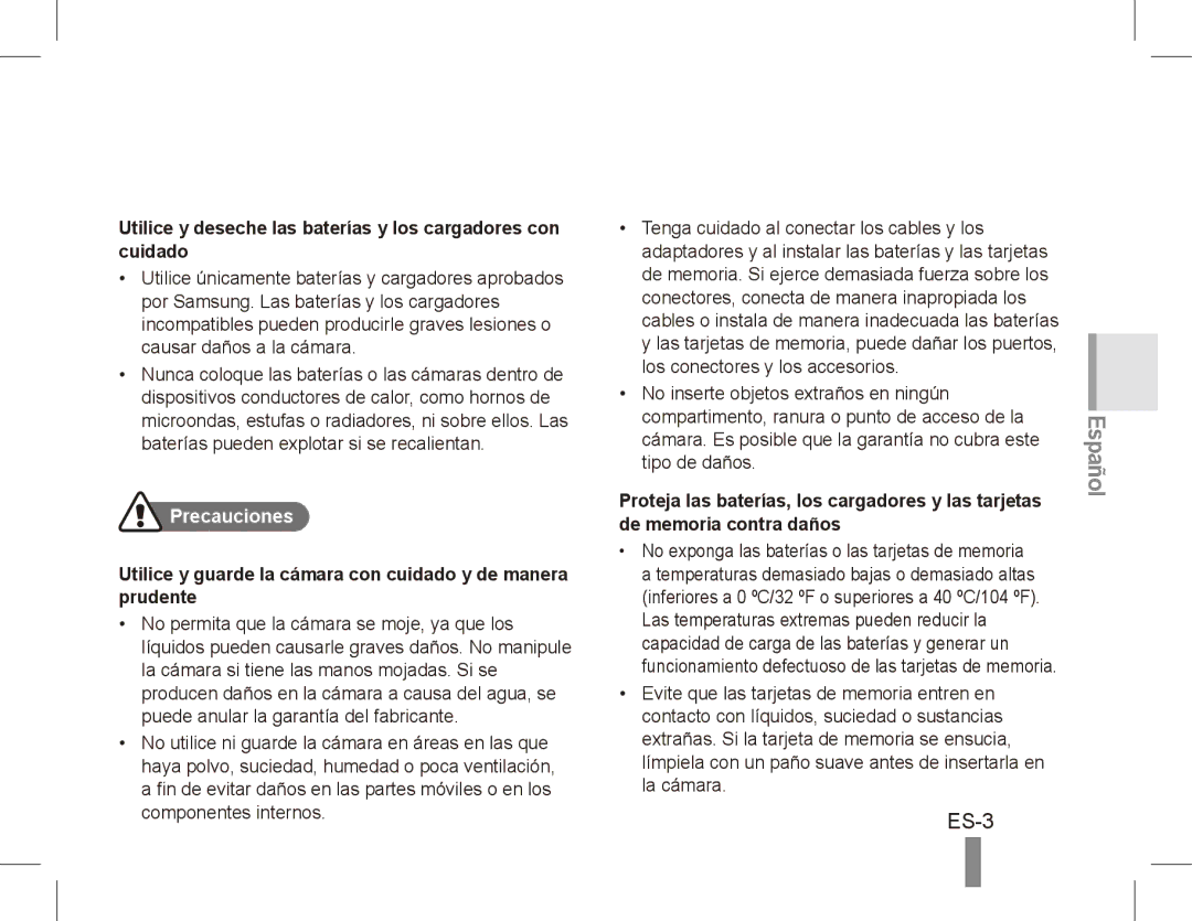 Samsung EC-ST50ZUBP/VN, EC-ST50ZUBP/FR ES-3, Utilice y deseche las baterías y los cargadores con cuidado, Precauciones 