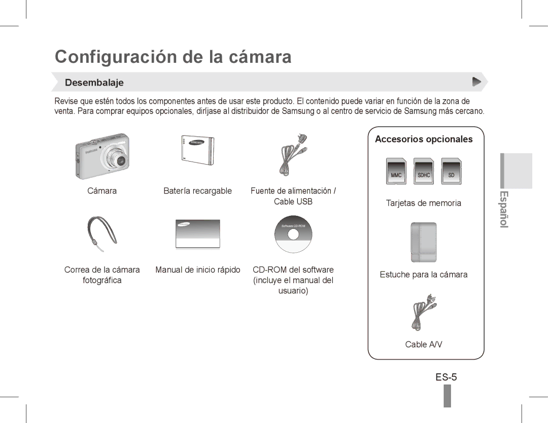 Samsung EC-ST50ZBBP/E3, EC-ST50ZUBP/FR, EC-ST50ZSBP/GB Configuración de la cámara, ES-5, Desembalaje, Accesorios opcionales 