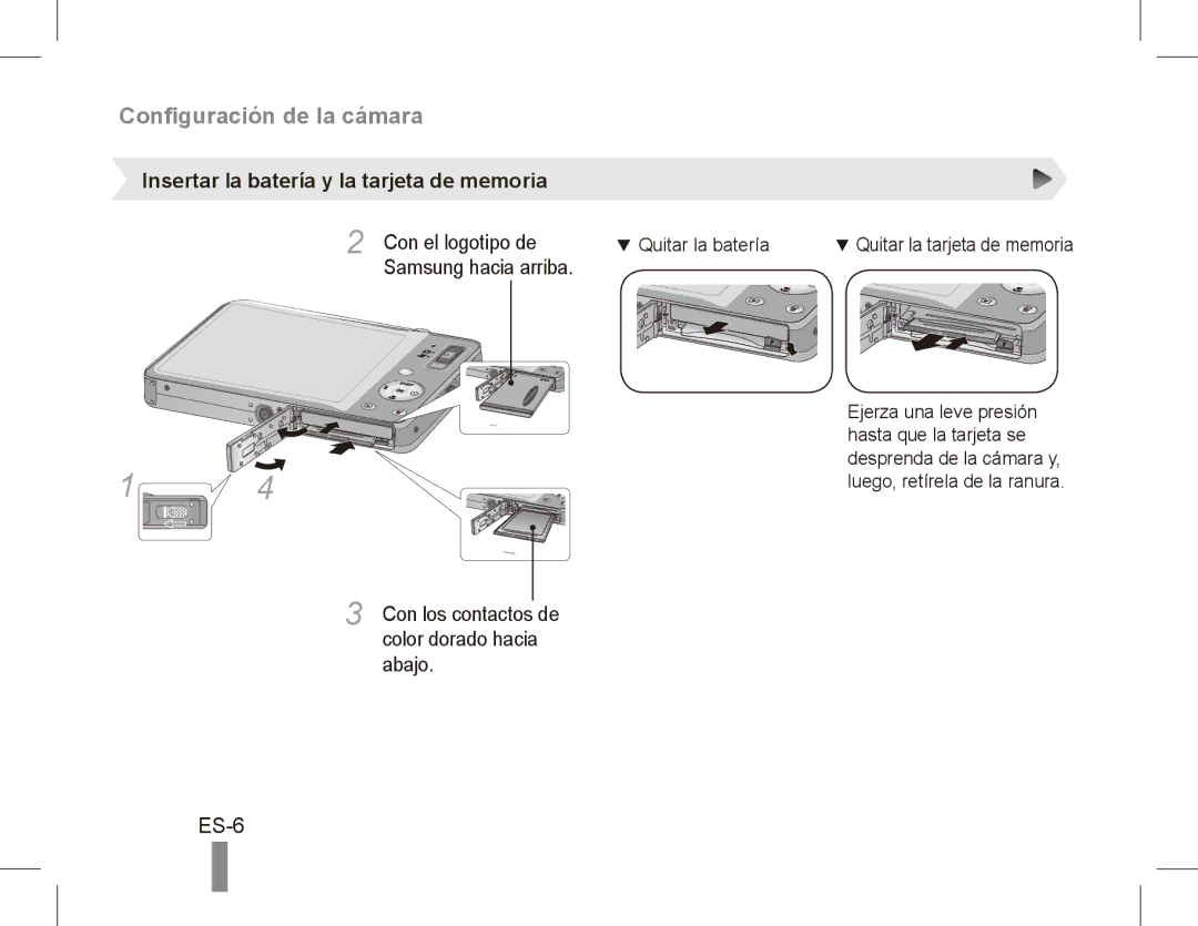 Samsung EC-ST50ZRBP/E3 ES-6, Insertar la batería y la tarjeta de memoria, Con el logotipo de, Samsung hacia arriba, Abajo 