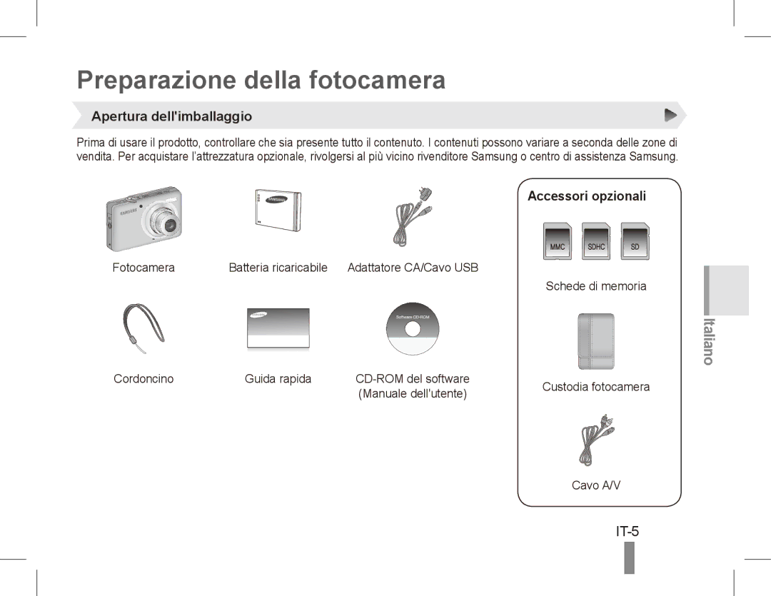 Samsung EC-ST50ZUBA/RU, EC-ST50ZUBP/FR Preparazione della fotocamera, IT-5, Apertura dellimballaggio, Accessori opzionali 