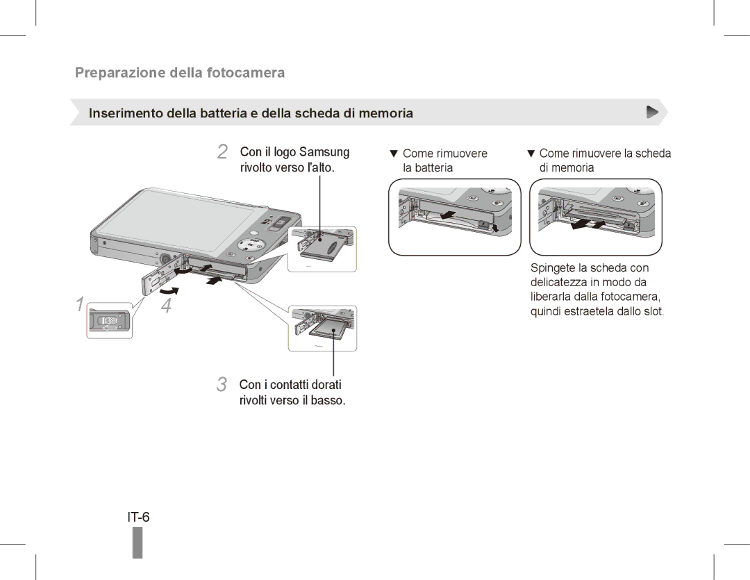 Samsung EC-ST50ZRBA/RU, EC-ST50ZUBP/FR IT-6, Inserimento della batteria e della scheda di memoria, Rivolto verso lalto 