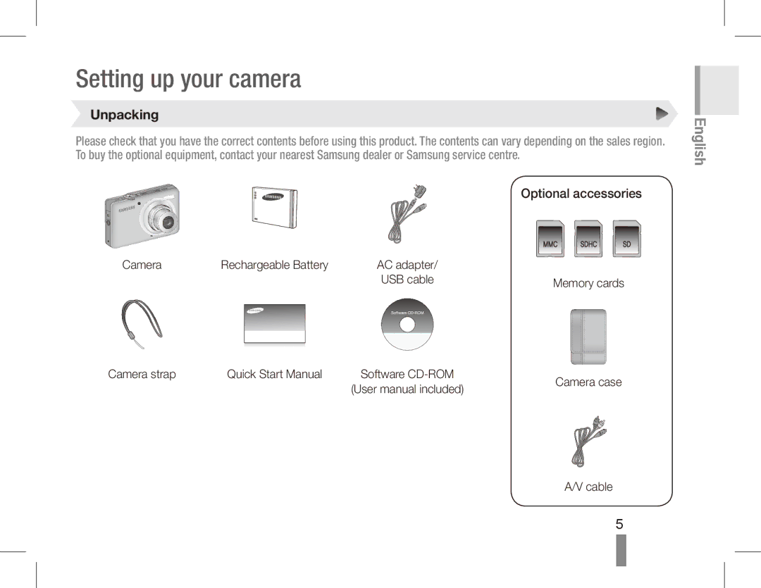 Samsung EC-ST50ZBBP/FR, EC-ST50ZUBP/FR, EC-ST50ZSBP/GB, EC-ST50ZSBP/FR, EC-ST50ZSBP/E1 manual Unpacking, Optional accessories 