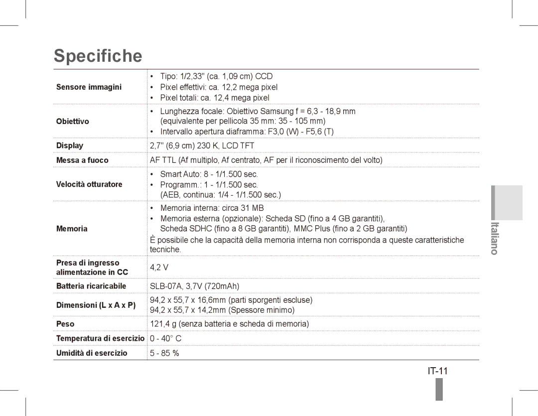 Samsung EC-ST50ZUBP/FR, EC-ST50ZSBP/GB, EC-ST50ZSBP/FR, EC-ST50ZSBP/E1, EC-ST50ZRBP/FR, EC-ST50ZBBP/FR manual Specifiche, IT-11 