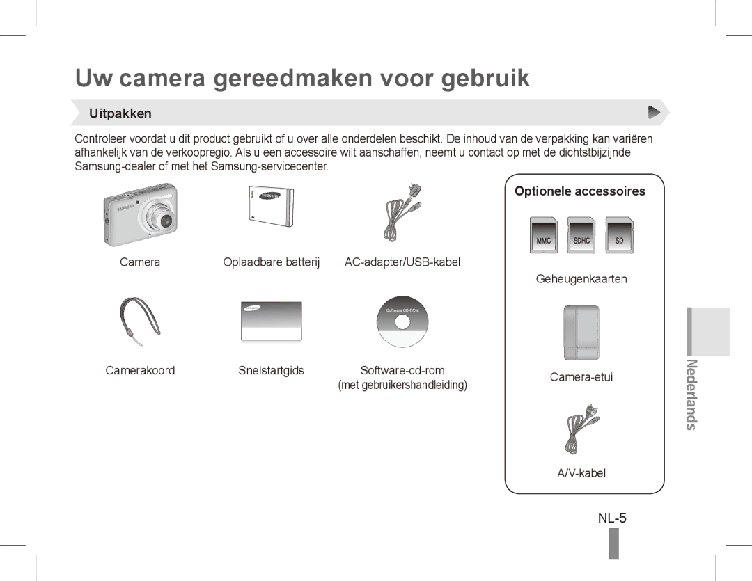 Samsung EC-ST50ZRBP/FR, EC-ST50ZUBP/FR manual Uw camera gereedmaken voor gebruik, NL-5, Uitpakken, Optionele accessoires 