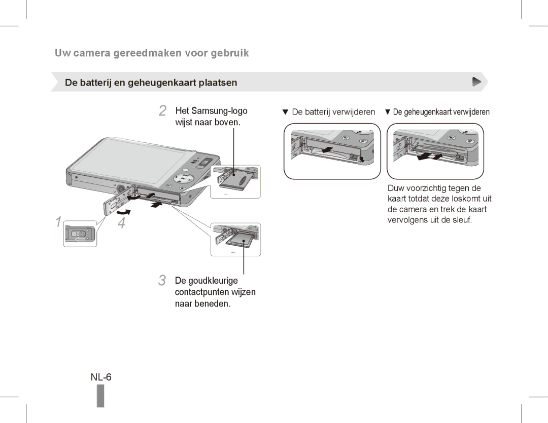 Samsung EC-ST50ZBBP/FR, EC-ST50ZUBP/FR NL-6, De batterij en geheugenkaart plaatsen, Het Samsung-logo, Wijst naar boven 