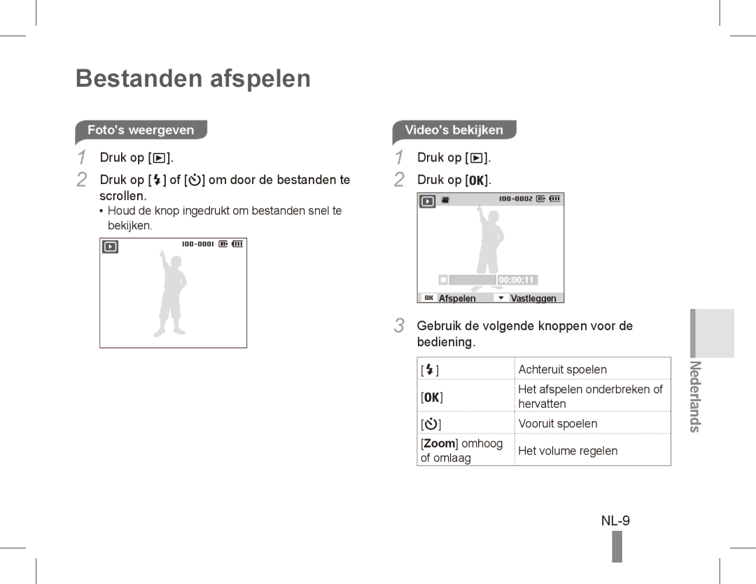 Samsung EC-ST50ZRBP/IT Bestanden afspelen, NL-9, Scrollen, Videos bekijken, Gebruik de volgende knoppen voor de Bediening 