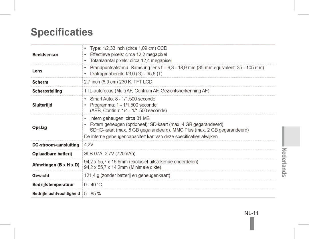 Samsung EC-ST50ZUBP/IT, EC-ST50ZUBP/FR Specificaties, NL-11, Beeldsensor Lens Scherm Scherpstelling Sluitertijd Opslag 