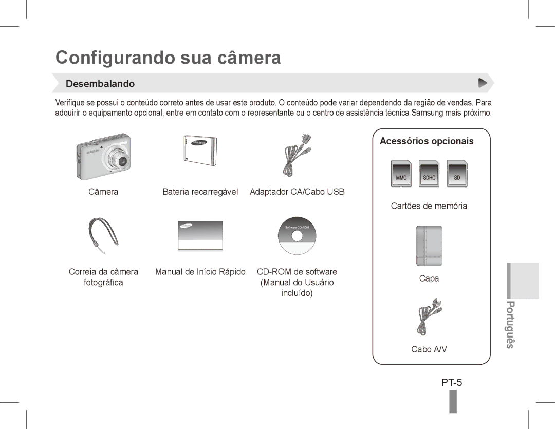 Samsung EC-ST50ZRDP/AS, EC-ST50ZUBP/FR, EC-ST50ZSBP/GB Configurando sua câmera, PT-5, Desembalando, Acessórios opcionais 