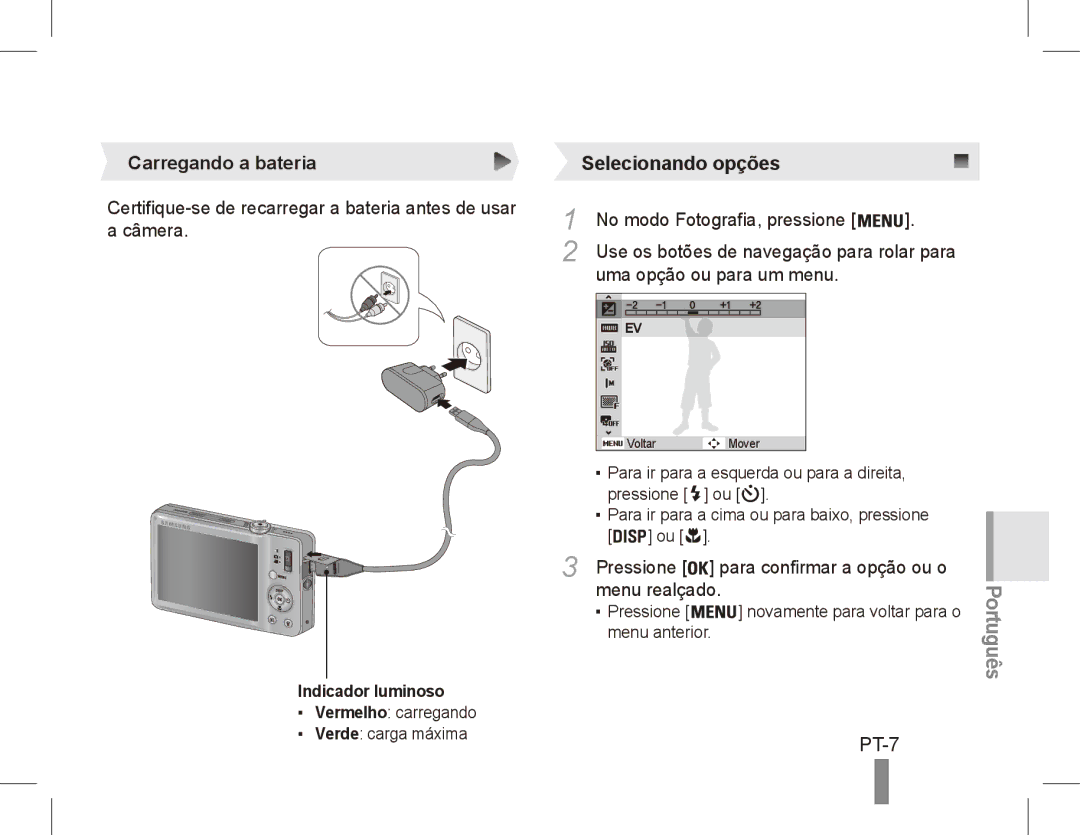 Samsung EC-ST50ZRBP/E1, EC-ST50ZUBP/FR, EC-ST50ZSBP/GB, EC-ST50ZSBP/FR, EC-ST50ZSBP/E1 manual PT-7, Carregando a bateria 