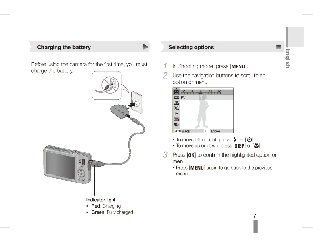 Samsung EC-ST50ZABA/IT, EC-ST50ZUBP/FR, EC-ST50ZSBP/GB, EC-ST50ZSBP/FR manual Charging the battery, Selecting options 