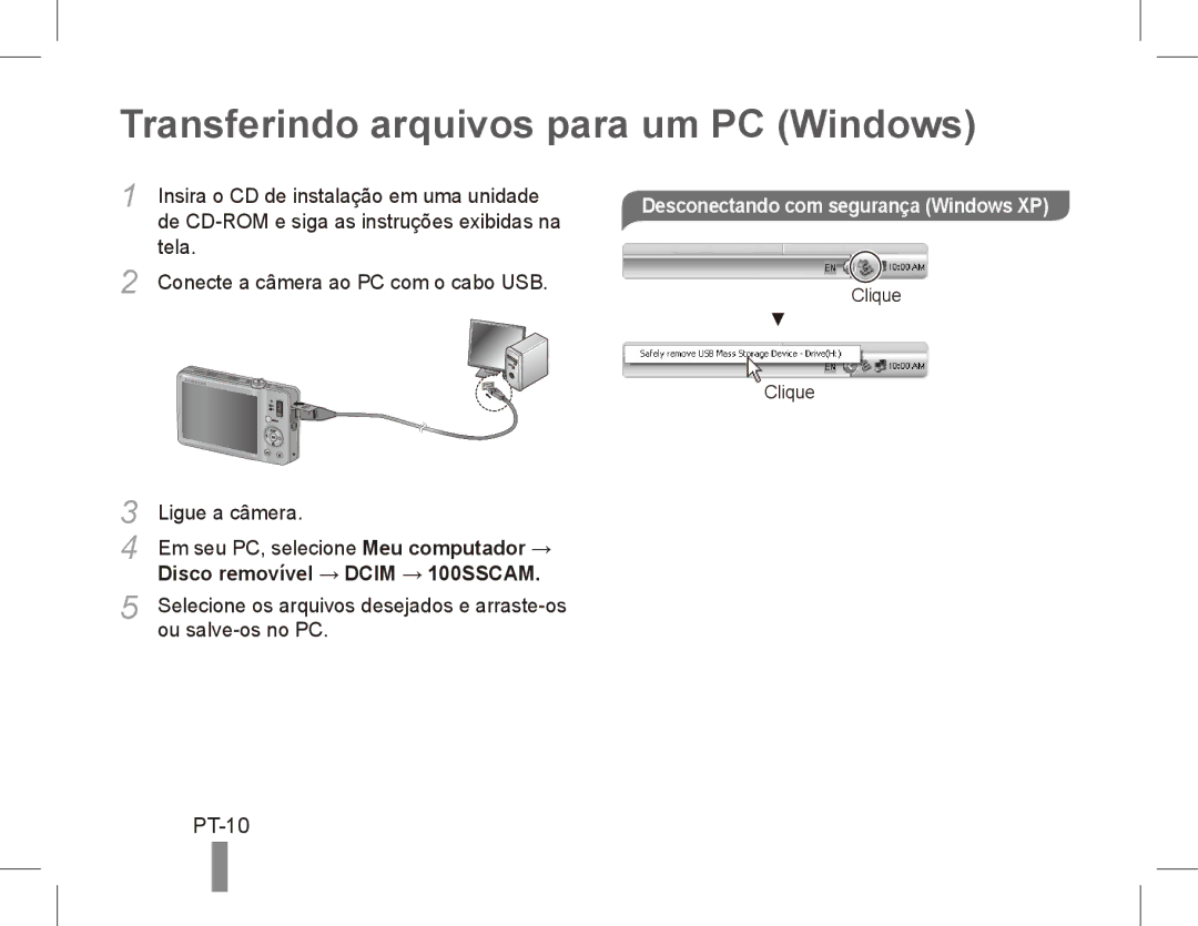 Samsung EC-ST50ZSBP/ME manual Transferindo arquivos para um PC Windows, PT-10, Desconectando com segurança Windows XP 