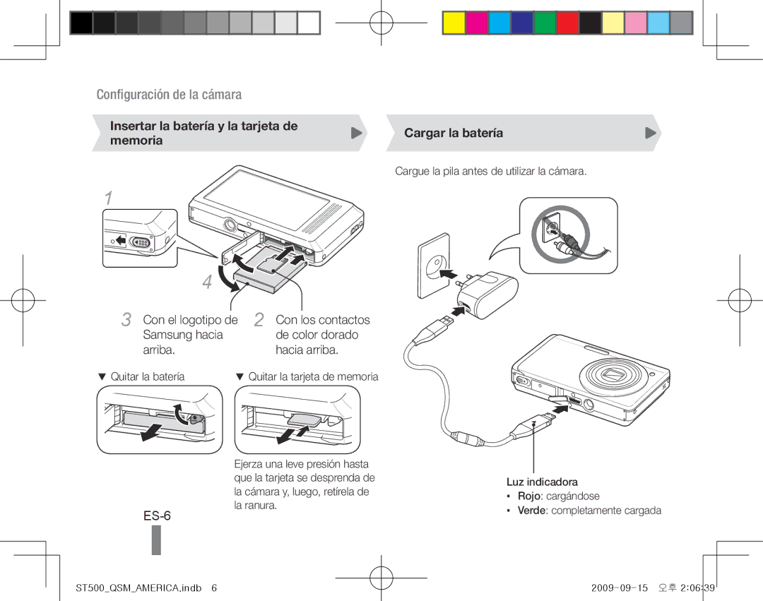 Samsung EC-ST500ZDPUAS manual ES-6, Insertar la batería y la tarjeta de memoria, Cargar la batería, Quitar la batería 