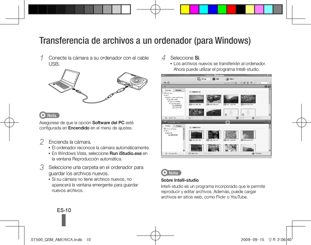 Samsung EC-ST500ZBPSDX Transferencia de archivos a un ordenador para Windows, ES-10, Seleccione Sí, Encienda la cámara 