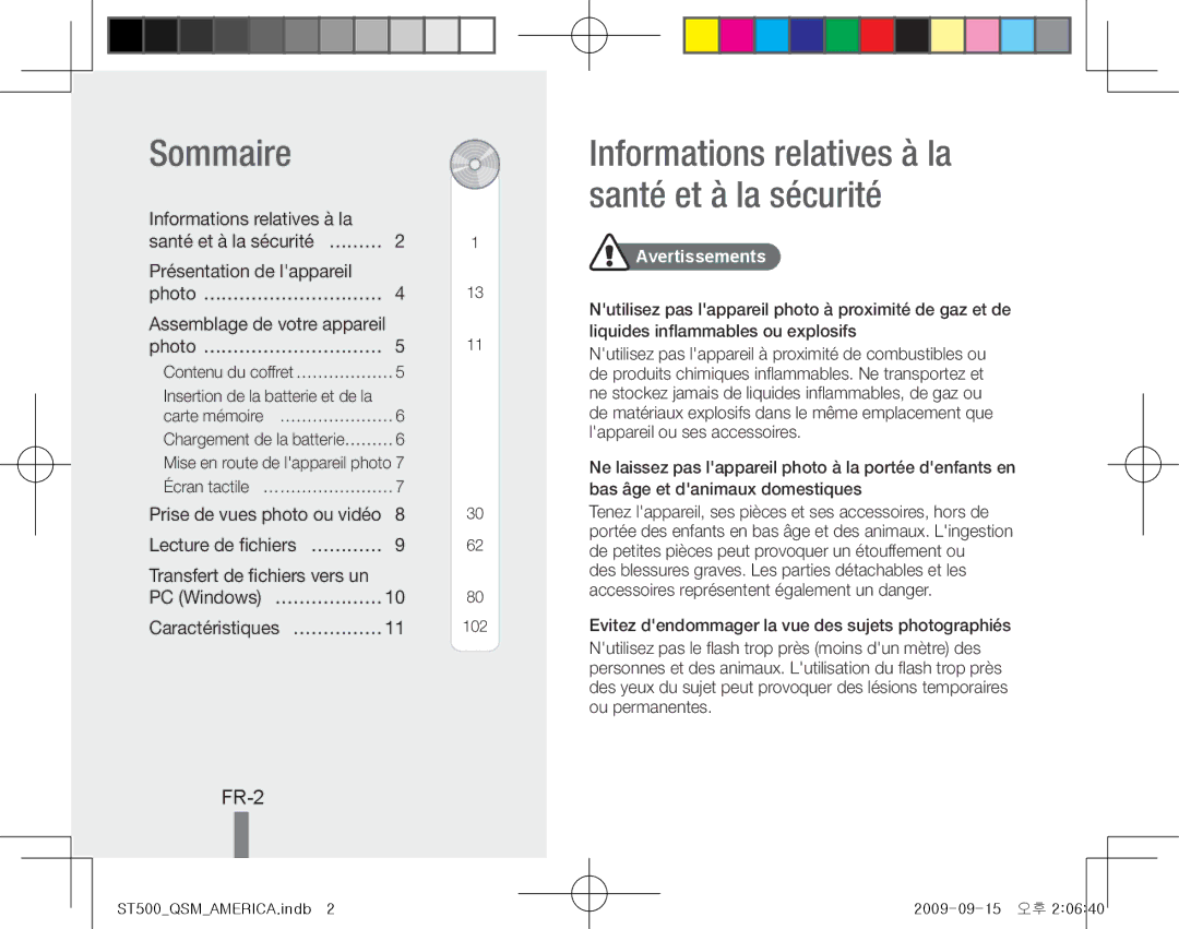 Samsung EC-ST500ZBPUSA, EC-ST510ZBPRE1, EC-ST500ZBPRIT Sommaire, Informations relatives à la santé et à la sécurité, FR-2 