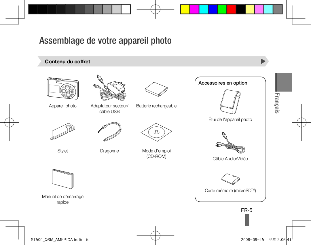 Samsung EC-ST500ZBPRSA, EC-ST510ZBPRE1 Assemblage de votre appareil photo, FR-5, Contenu du coffret, Accessoires en option 