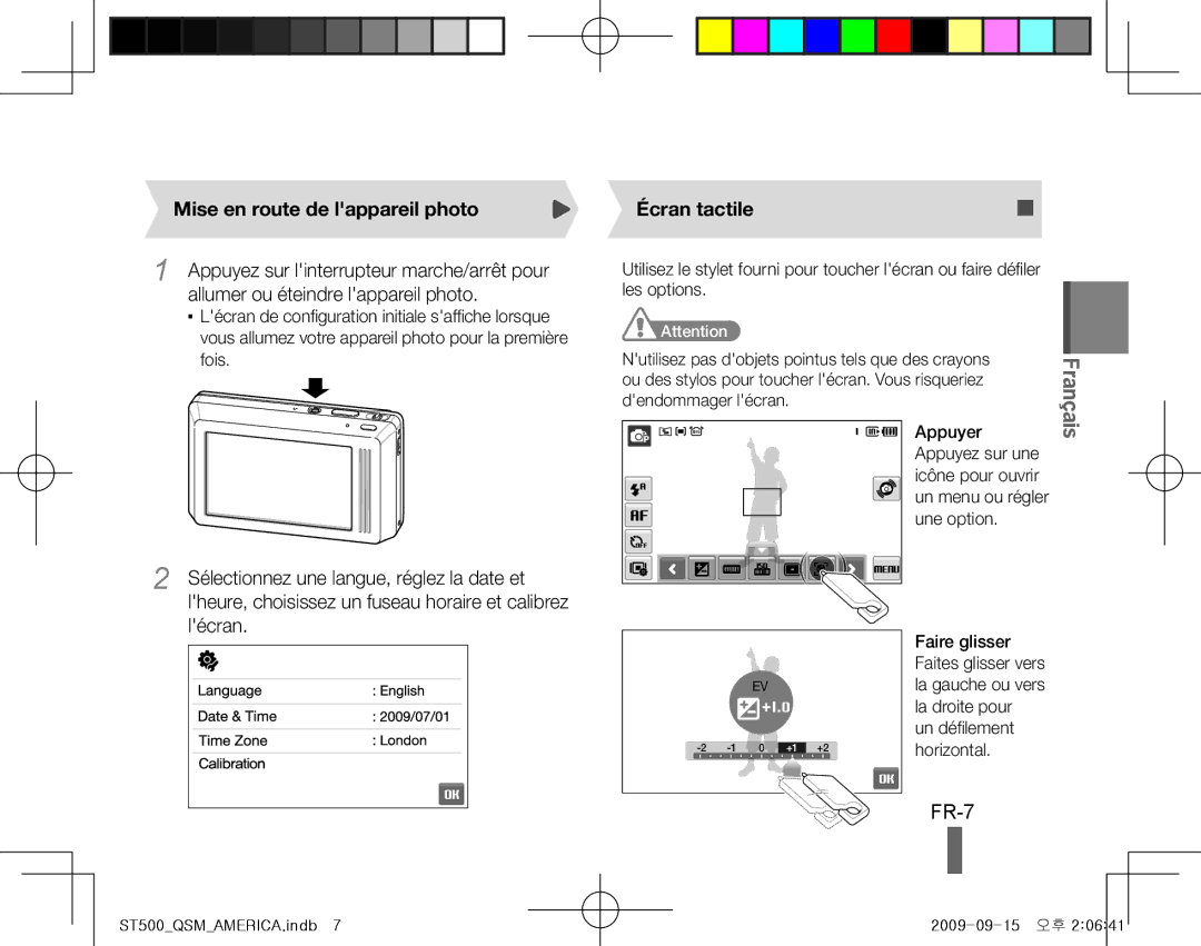 Samsung EC-ST500ZBPRDZ, EC-ST510ZBPRE1, EC-ST500ZBPRIT manual FR-7, Mise en route de lappareil photo, Écran tactile, Appuyer 