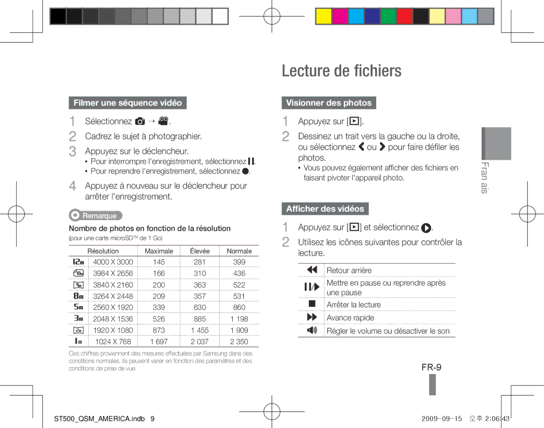 Samsung ES-ST500ZSASCN Lecture de fichiers, FR-9, Filmer une séquence vidéo, Visionner des photos, Afficher des vidéos 