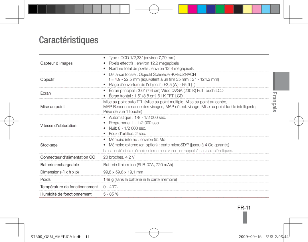 Samsung EC-ST500ZBPUVN, EC-ST510ZBPRE1, EC-ST500ZBPRIT, EC-ST500ZBASE1, EC-ST500ZBPSIT, EC-ST500ZBPSFR Caractéristiques, FR-11 