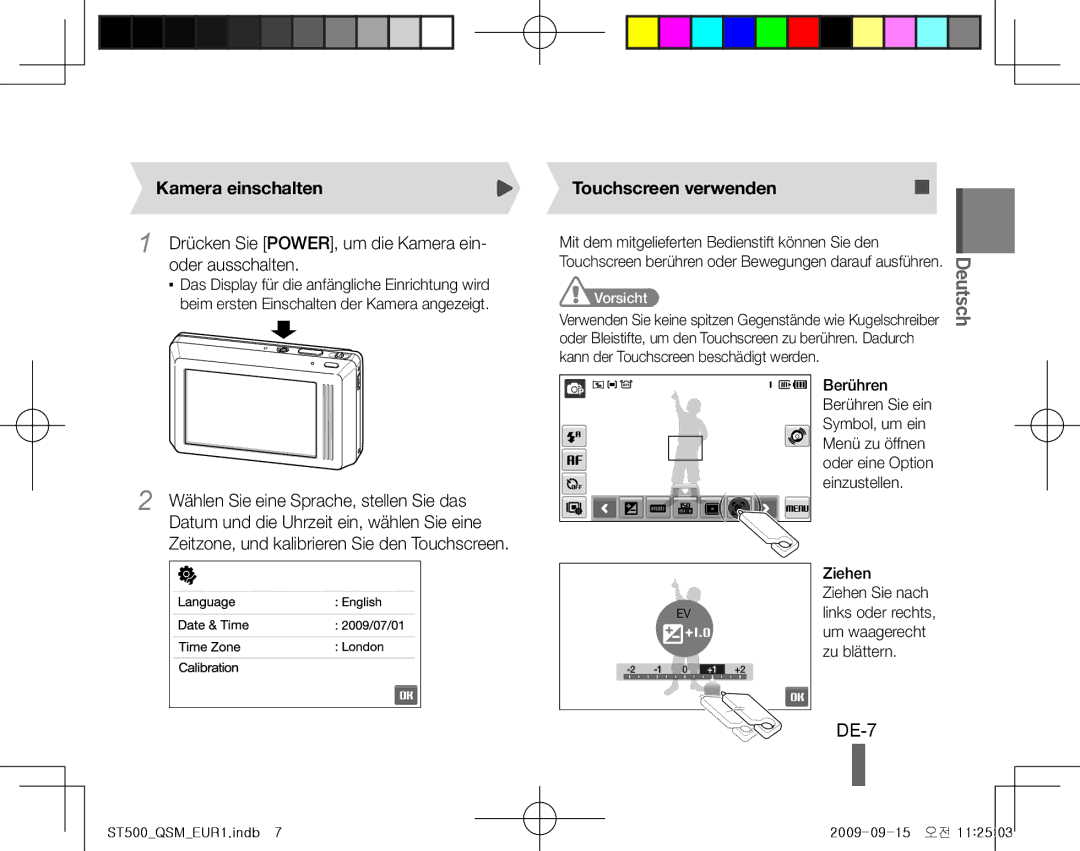 Samsung ES-ST500ZSARCN manual DE-7, Kamera einschalten, Drücken Sie POWER, um die Kamera ein- oder ausschalten, Vorsicht 