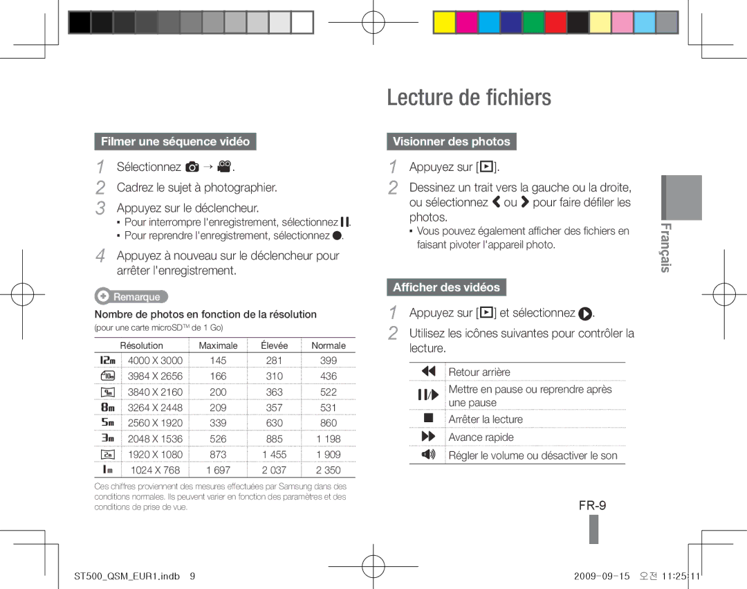 Samsung ES-ST500ZSASCN Lecture de fichiers, FR-9, Filmer une séquence vidéo, Visionner des photos, Afficher des vidéos 