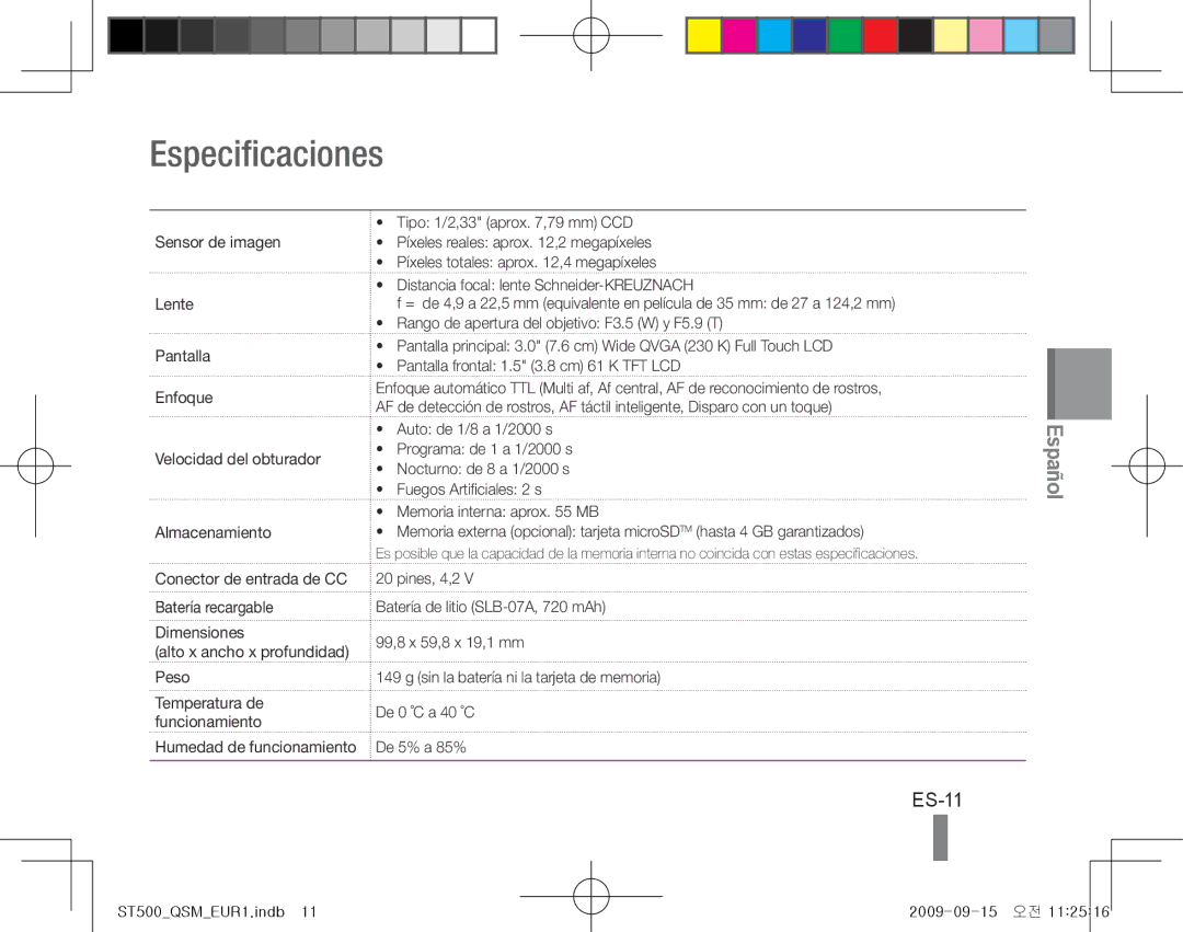 Samsung EC-ST500ZBPRRU, EC-ST510ZBPRE1, EC-ST500ZBPRIT, EC-ST500ZBASE1, EC-ST500ZBPSIT manual Especificaciones, ES-11, Peso 