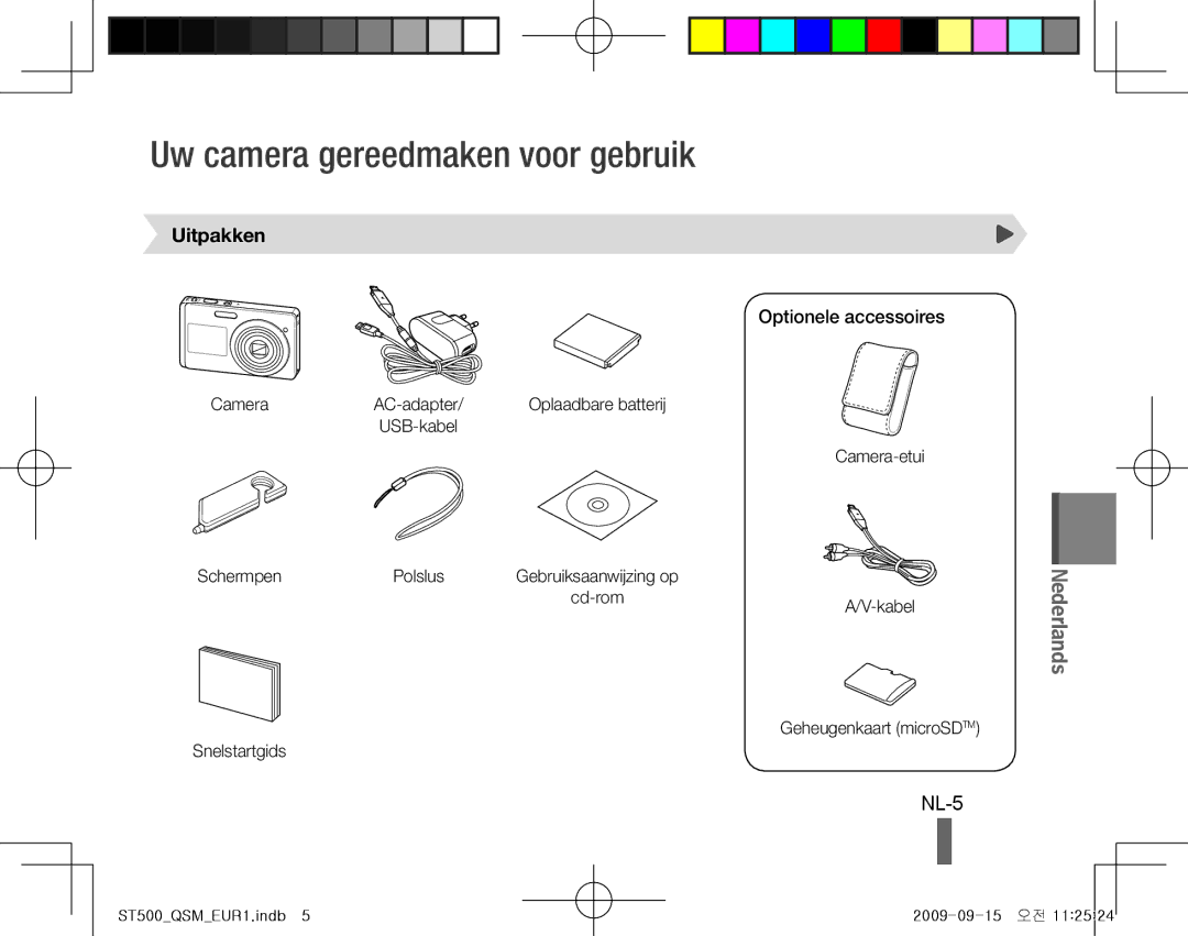 Samsung EC-ST500ZBPRFR, EC-ST510ZBPRE1 manual Uw camera gereedmaken voor gebruik, NL-5, Uitpakken, Optionele accessoires 