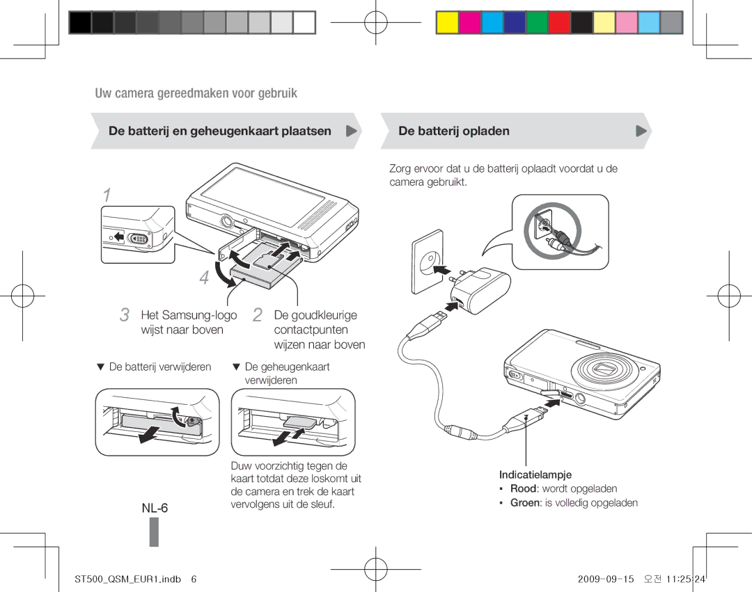 Samsung EC-ST500ZBPRAU manual NL-6, De batterij en geheugenkaart plaatsen, Het Samsung-logo, Wijst naar boven Contactpunten 