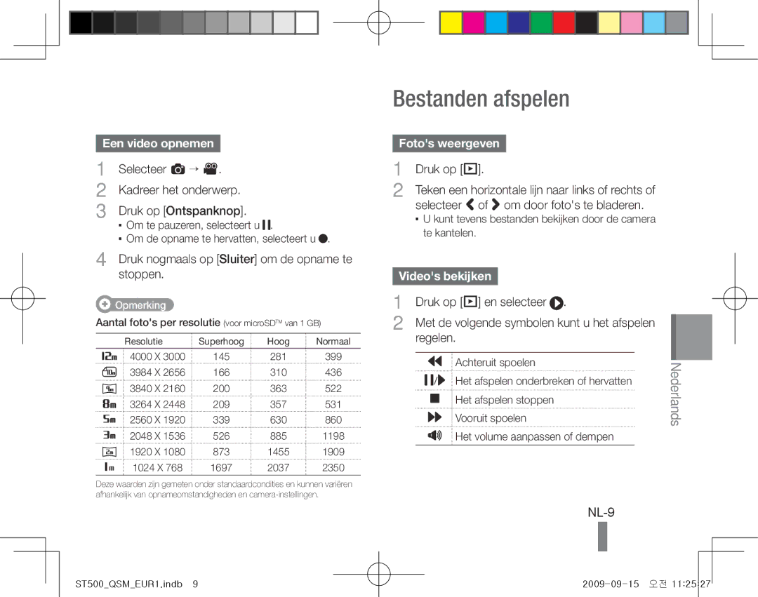 Samsung EC-ST500ZBPUZA, EC-ST510ZBPRE1 manual Bestanden afspelen, NL-9, Een video opnemen, Fotos weergeven, Videos bekijken 