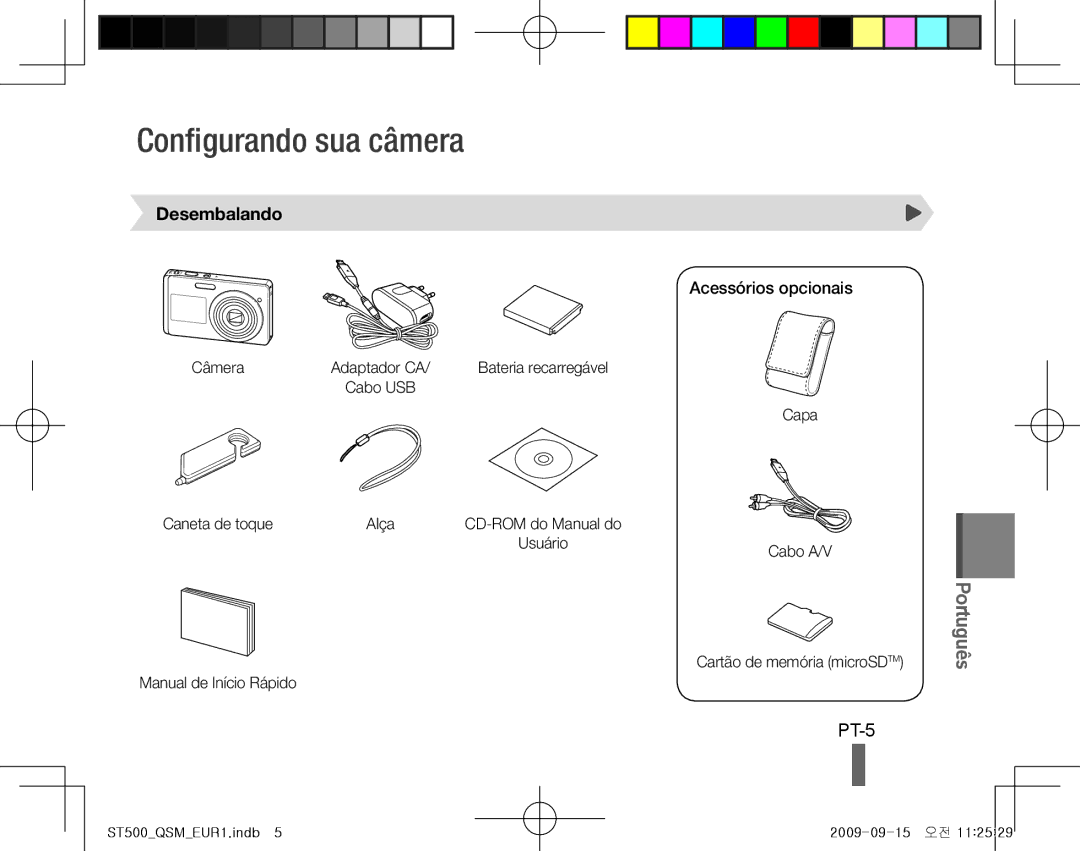 Samsung EC-ST500ZBPSDX, EC-ST510ZBPRE1, EC-ST500ZBPRIT Configurando sua câmera, PT-5, Desembalando, Acessórios opcionais 