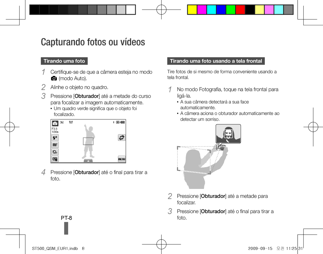 Samsung EC-ST500ZBPSDZ, EC-ST510ZBPRE1 manual Capturando fotos ou vídeos, PT-8, Tirando uma foto usando a tela frontal 