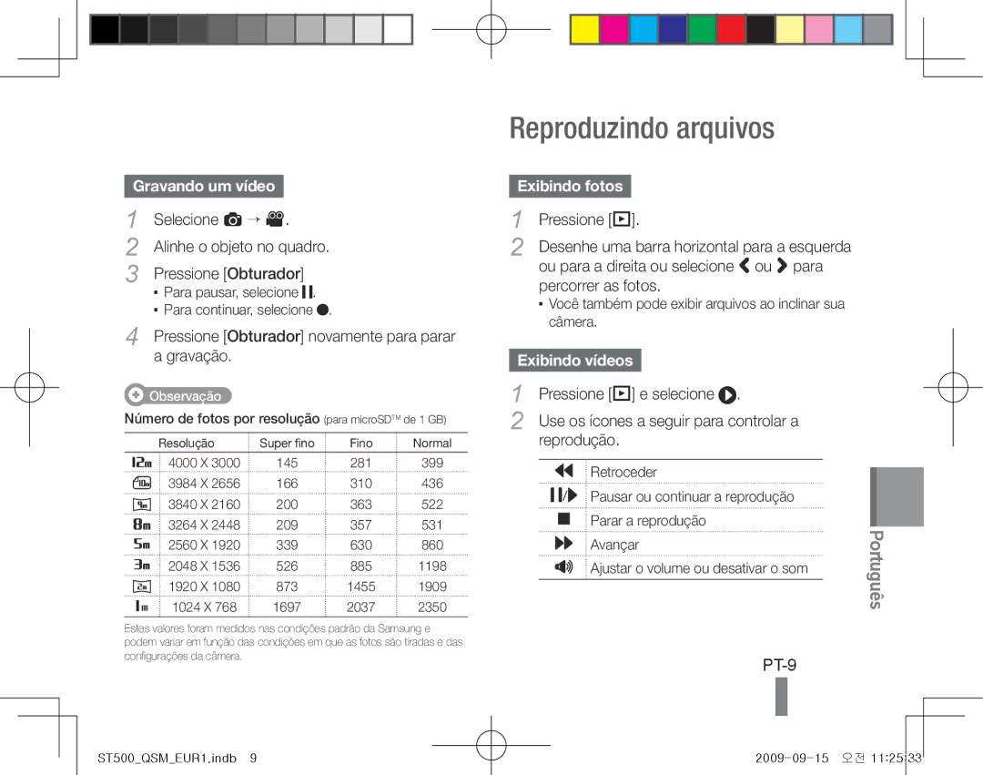 Samsung EC-ST500ZBPRDX, EC-ST510ZBPRE1, EC-ST500ZBPRIT manual Reproduzindo arquivos, PT-9, Gravando um vídeo, Exibindo fotos 