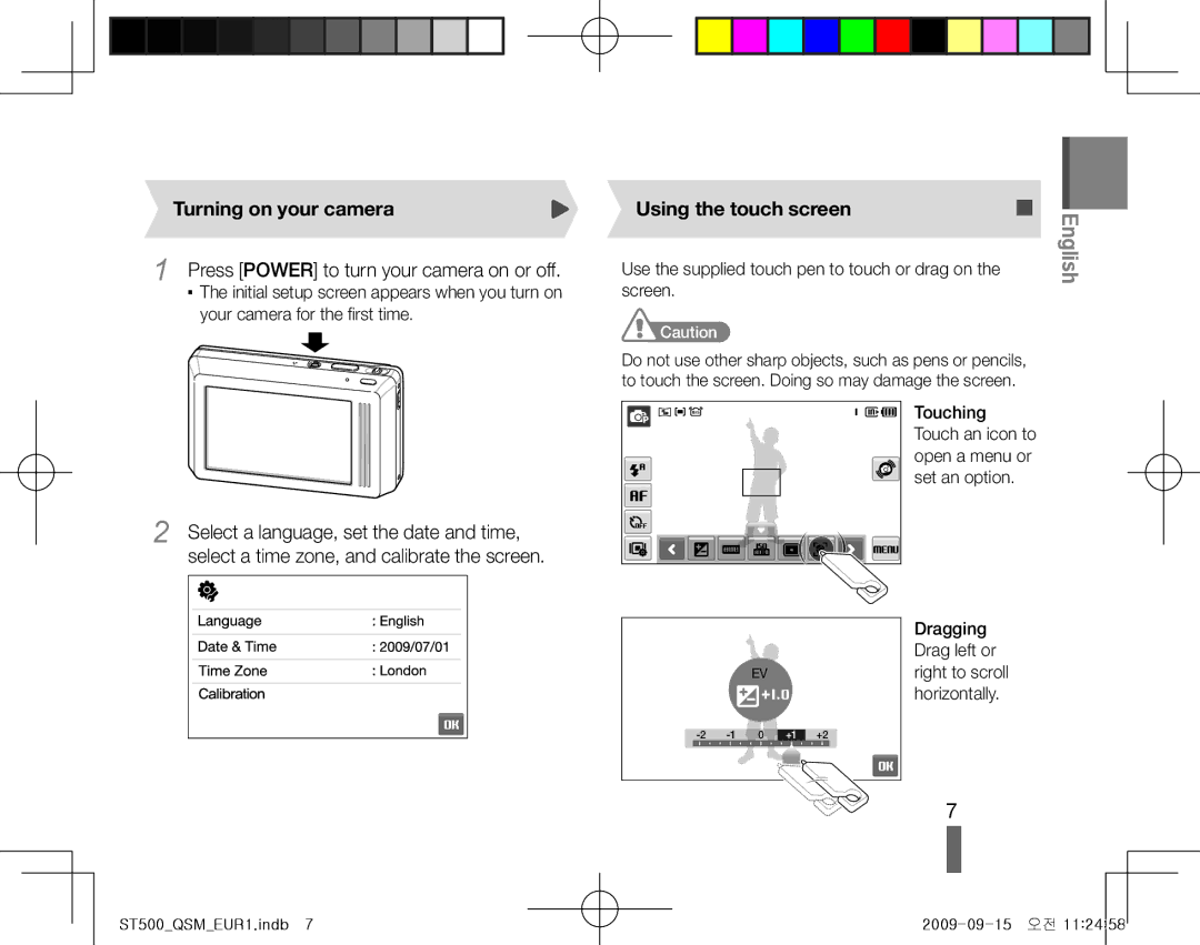 Samsung EC-ST500ZBPSE1 manual Turning on your camera, Using the touch screen, Press Power to turn your camera on or off 