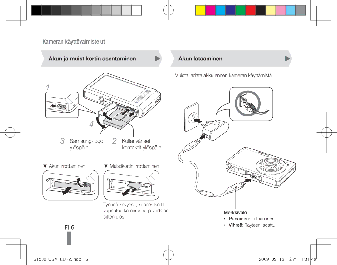 Samsung EC-ST500ZDPUAS manual FI-6, Akun ja muistikortin asentaminen, Samsung-logo Kullanväriset Ylöspäin, Akun lataaminen 