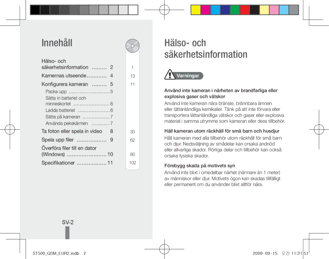 Samsung EC-ST500ZBPUSA, EC-ST510ZBPRE1, EC-ST500ZBPRIT Innehåll, SV-2, Hälso- och, Överföra filer till en dator, Varningar 