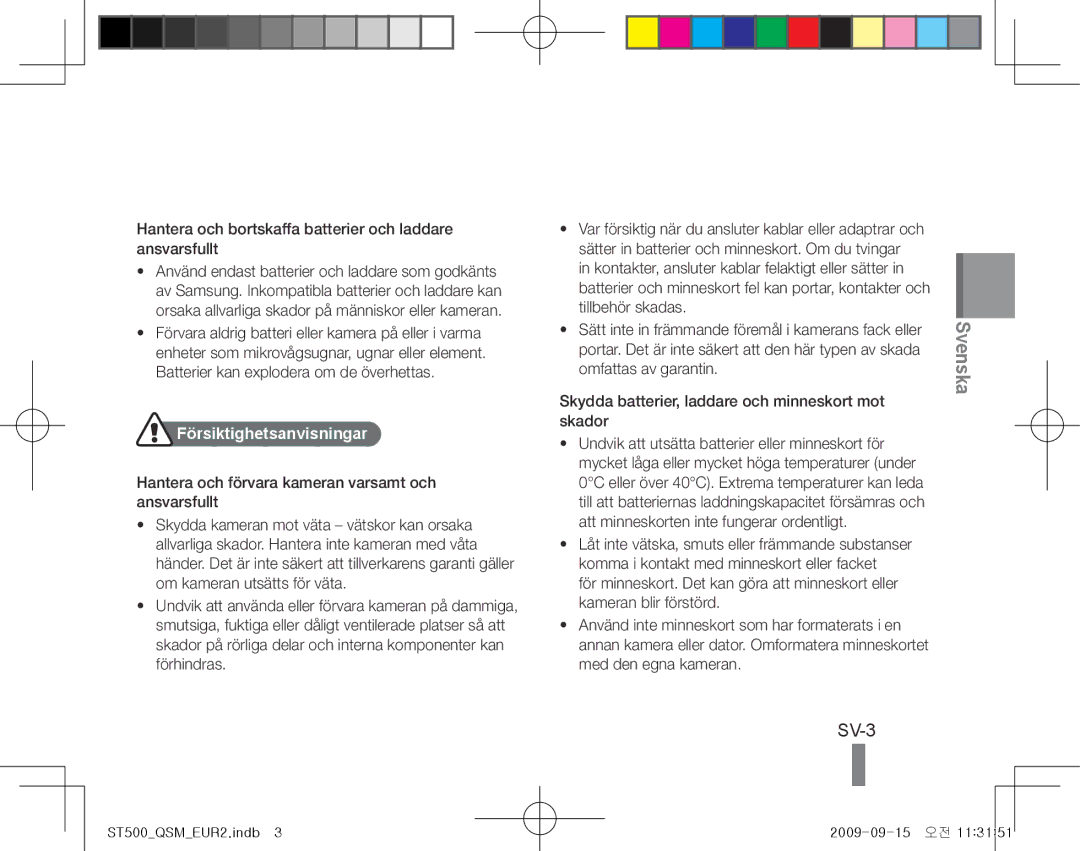 Samsung EC-ST500ZBPSDZ manual SV-3, Hantera och bortskaffa batterier och laddare ansvarsfullt, Försiktighetsanvisningar 