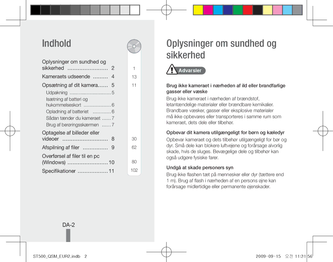 Samsung EC-ST500ZBPRVN, EC-ST510ZBPRE1, EC-ST500ZBPRIT manual Indhold, Oplysninger om sundhed og sikkerhed, DA-2, Advarsler 