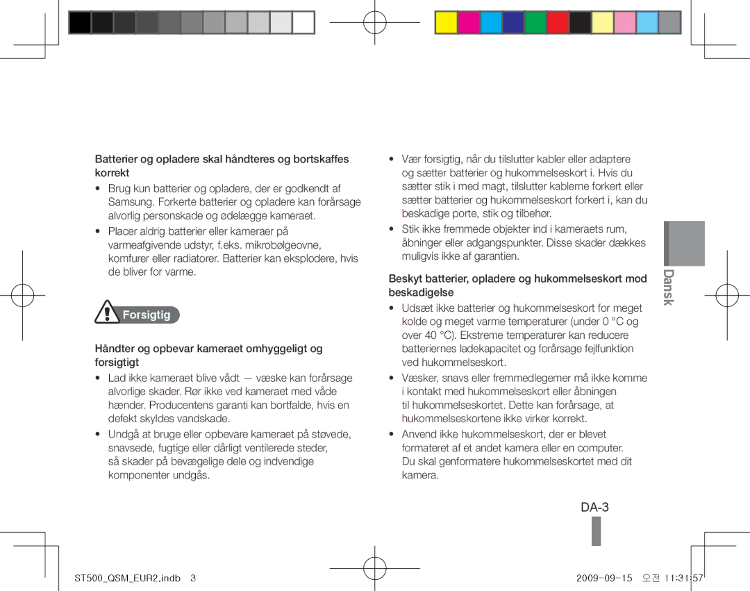 Samsung EC-ST500ZBPRE3, EC-ST510ZBPRE1 manual DA-3, Batterier og opladere skal håndteres og bortskaffes korrekt, Forsigtig 