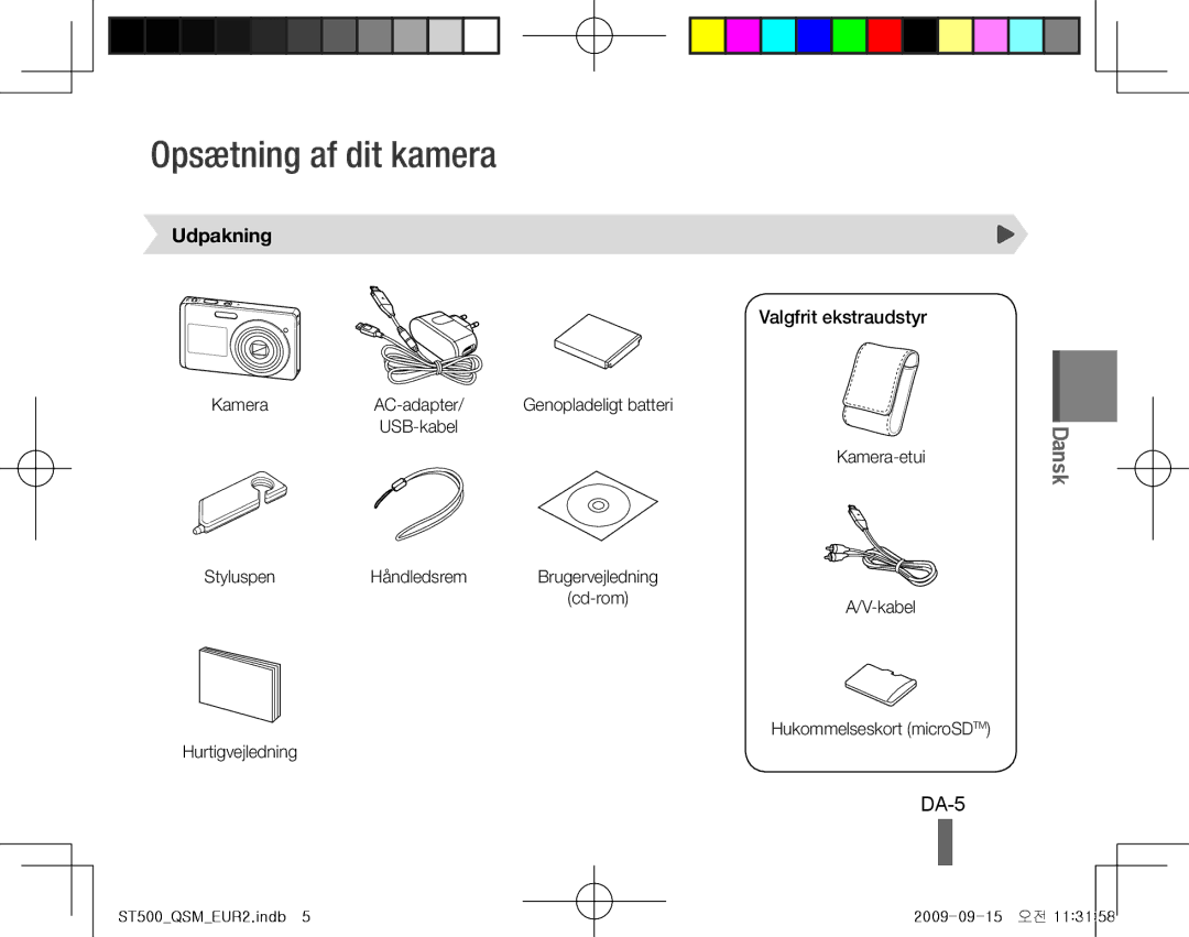 Samsung EC-ST500ZBPUE3, EC-ST510ZBPRE1, EC-ST500ZBPRIT manual Opsætning af dit kamera, DA-5, Udpakning, Valgfrit ekstraudstyr 