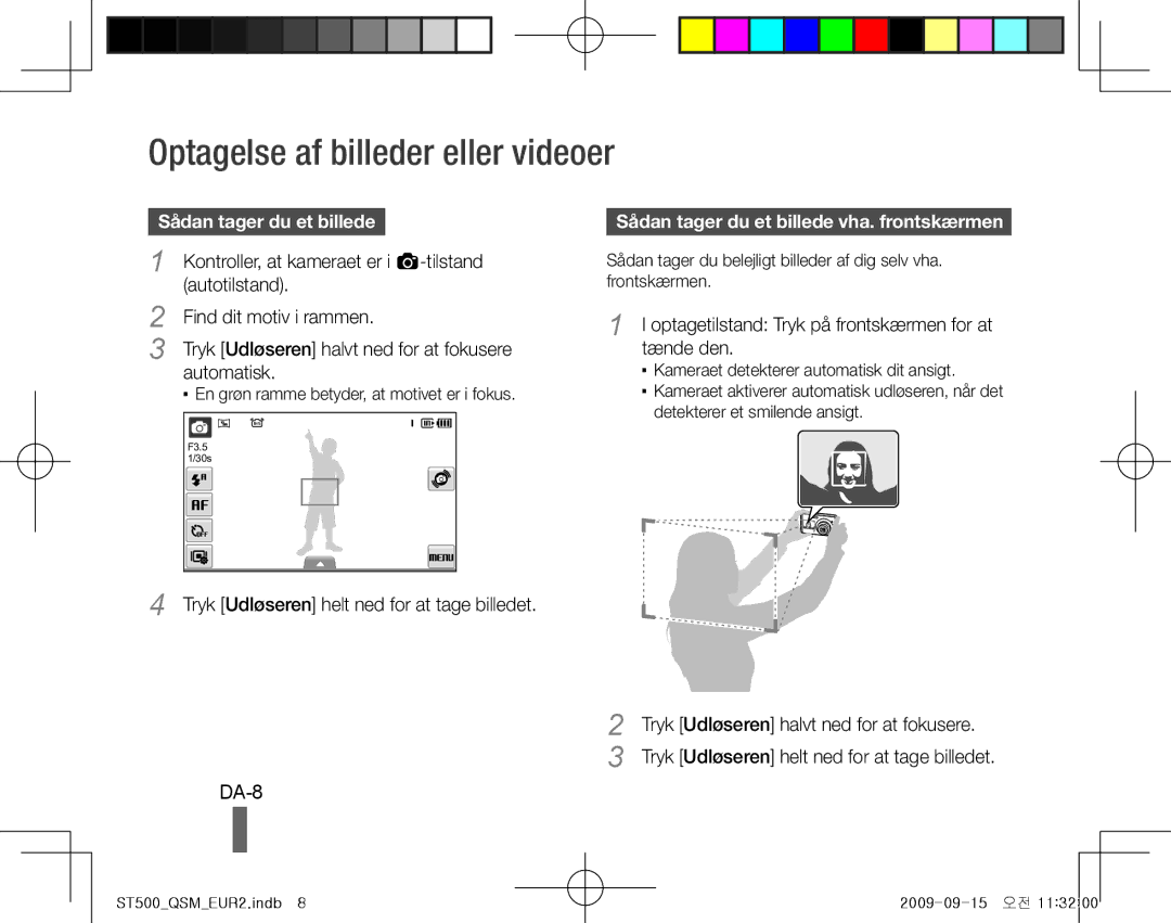 Samsung EC-ST500ZBPUE2, EC-ST510ZBPRE1, EC-ST500ZBPRIT, EC-ST500ZBASE1 manual Optagelse af billeder eller videoer, DA-8 