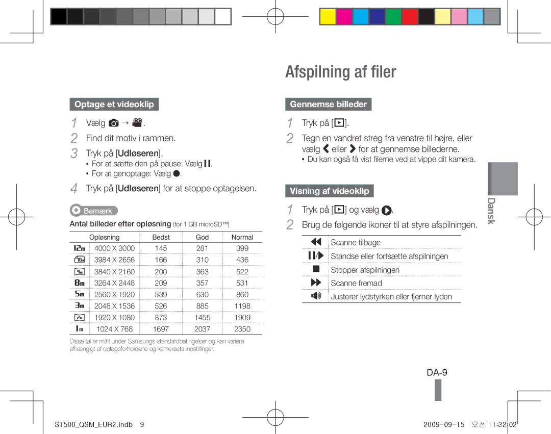 Samsung EC-ST500ZBPSE2, EC-ST510ZBPRE1, EC-ST500ZBPRIT Afspilning af filer, DA-9, Optage et videoklip, Gennemse billeder 