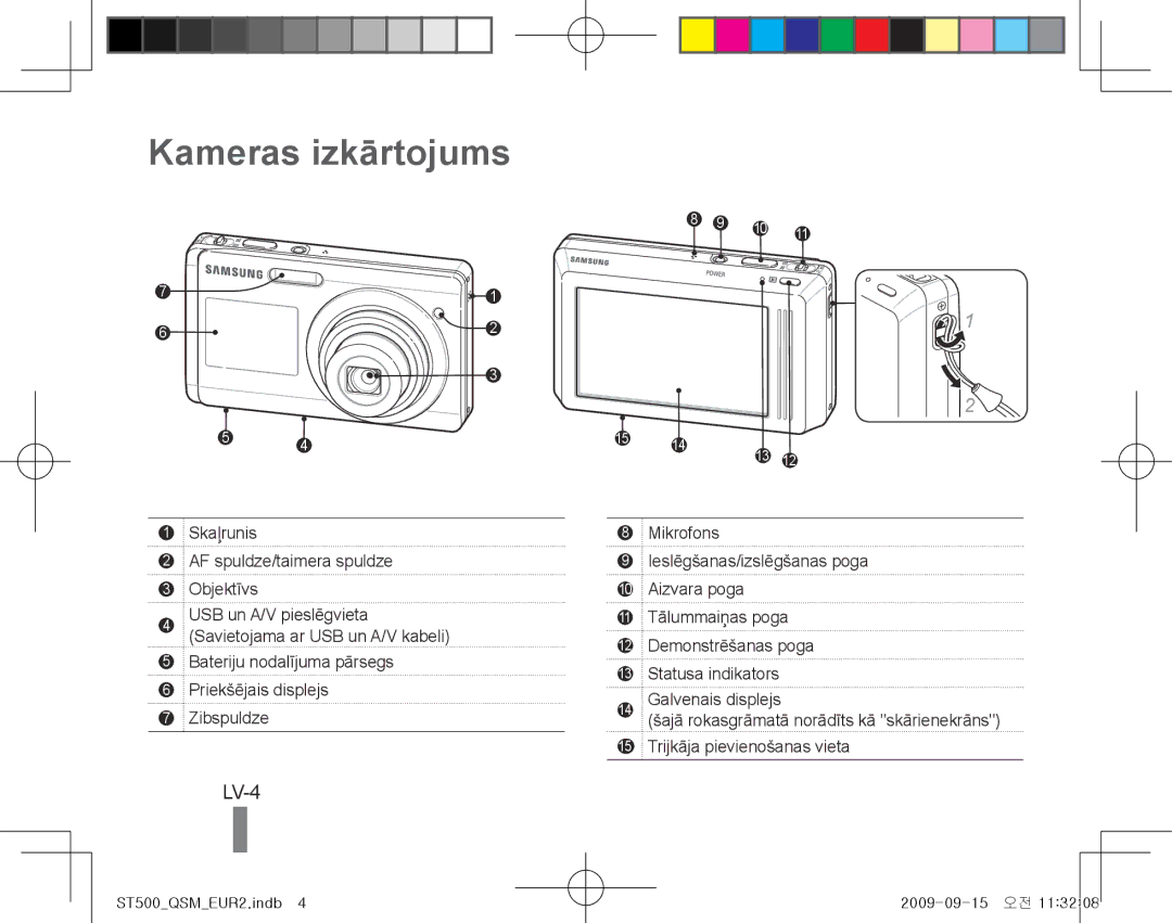 Samsung EC-ST500ZBAAFR, EC-ST510ZBPRE1 manual Kameras izkārtojums, LV-4, Skaļrunis AF spuldze/taimera spuldze Objektīvs 